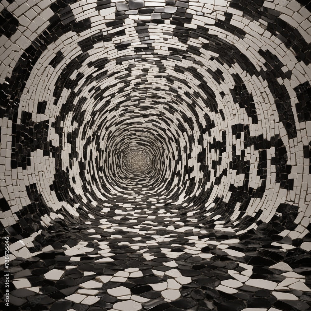 Poster mesmerizing tunnel constructed of black, white blocks creates visual spectacle, drawing viewers into
