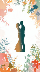 Silhouette of a Couple Embracing among Floral Patterns Ideal for Wedding Invitations
