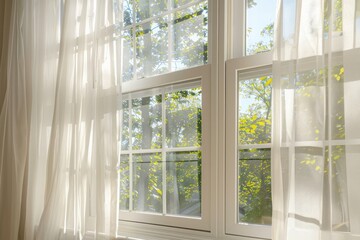 Double Hung Window With White Frames and Light Sheer Curtains