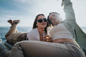 Two adult friends enjoy a carefree relaxation time while sharing a drink on a boat trip, basking in...