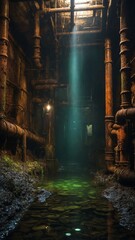 Mysterious, eerie atmosphere pervades underground, possibly abandoned, industrial setting where rusty pipes, machinery line walls. Single beam of light penetrates darkness from above.