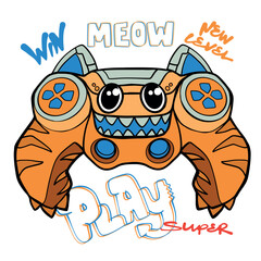 Monster gamepad illustration. Cartoon joystick print. Game pad cat print. Tiger gamepad print with smiling and horn, text Play and win.