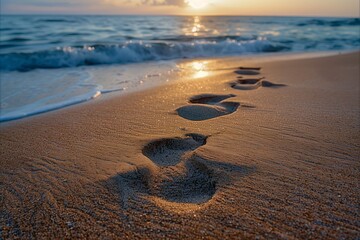 Footprints on a sandy beach at sunset