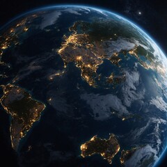 Night of Planet Earth globe from space view with city light of each countries on land and sunlight, Galaxy and space concept
