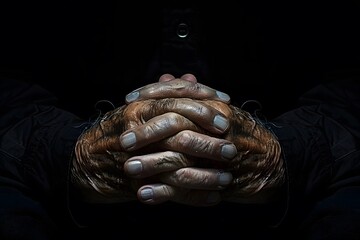 Hands Clasped in Prayer or Contemplation Against Black Background