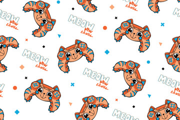 Monster gamepad seamless pattern with text MEOW, new level. Cartoon joystick repeat print. Game pad print. Cat gamepad print on white background