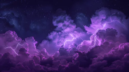 Foto auf Alu-Dibond Dunkle Gewitterwolken, Lila Blitze im Himmel, Nacht Gewitter, Lila Wolken, Blaue Wolken, Dunkler Nachthimmel mit Blitz und Donner, Blaue Blitze und Plasma in der Luft, Aufgeladene Wolken, Sterne © Marlon