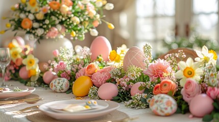   A table adorned with an assortment of flowers and eggs, anchored by a vase filled with blooms at its center