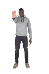 man showing the stop sign with their hands on white background