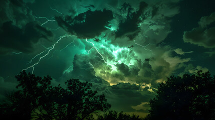 Dunkle Gewitterwolken, grüne Blitze im Himmel, Nacht Gewitter, grüne Wolken, gelbe Wolken,...
