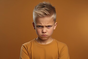 Portrait of disgruntled blond boy against orange background. The boy experiencing negative emotions due to fact that his family tore him away from computer games and forced him. Sulking Caucasian boy - obrazy, fototapety, plakaty