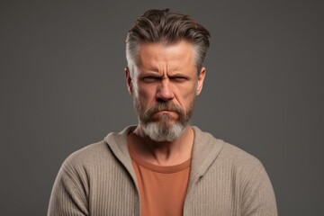 Obraz premium Despise. Angry and grumy Caucasian gray-haired bearded man sulking, furrow eyebrows and staring with anger and contempt, boiling from furious emotions, standing over grey background