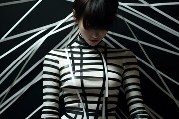 Visionary Futuristic woman in striped jumpsuit. Extravagant striped dress strings outfit. Generate ai