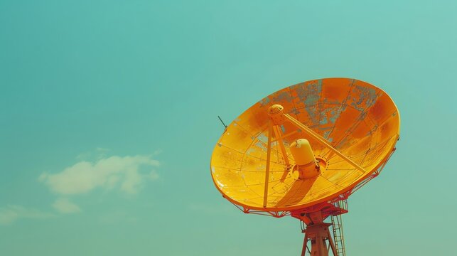 Satellite dish communication, isolated on sky, technical equipment, distant and powerful