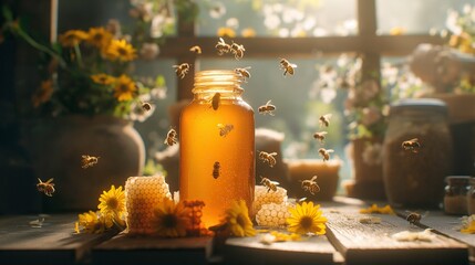 Bees swarm around a bottle on a floral backdrop, perfect for a honeycomb-themed commercial web banner