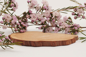 Wood circle stump, flower platform podium on light beige background. Minimal empty display product presentation scene. - 788737268