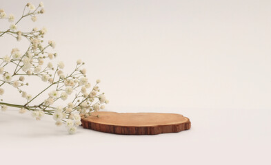 Flower, Wood stump platform podium on light beige background. Minimal empty display product presentation scene. - 788737274