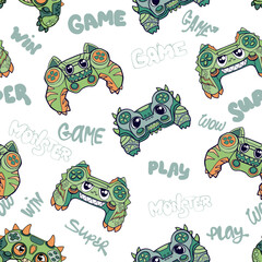 Monster gamepad illustration. Cartoon joystick print. Game pad print. Dragon gamepad print with smiling and horn, text PNew level, MEOW
