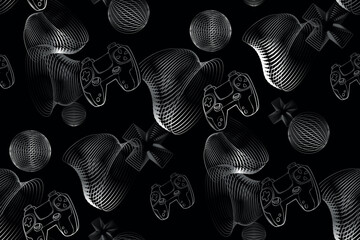 Gamepad pattern on digital lines background, cross sign, rounds, line waves. Gadgets and devices seamless pattern