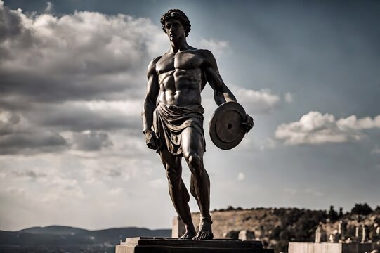 Discus thrower ancient Greek marble statue. Olympic games. Generative AI.   