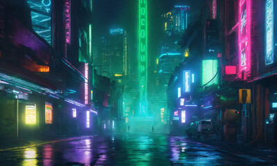 night city street,A rainy night in the neon underbelly of the city,Futuristic City With Neon Lights...