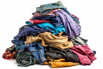 Pile of various clothes with denim on white background