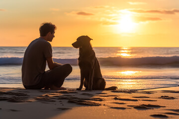 A man and his dog are sitting on the beach at sunset. The man is wearing a grey shirt and the dog is sitting on the sand. Scene is peaceful and relaxing, as the man