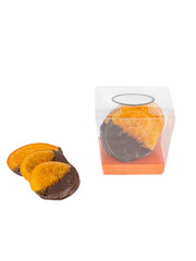 orange slices in handmade chocolate on a white background