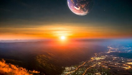 A stunning view of the sun rising over the illuminated night side of the Earth, showcasing 