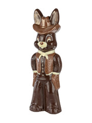 handmade chocolate bunny wearing a cowboy hat on a white background