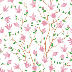 Pattern of flowering magnolia trees. Spring magnolia flowers, leaves, blooming background. Vector wallpaper, for fabric, prints, invitations, backgrounds, covers. Summer seamless textile design