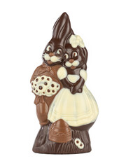 Pair of handmade chocolate rabbits in love on a white background