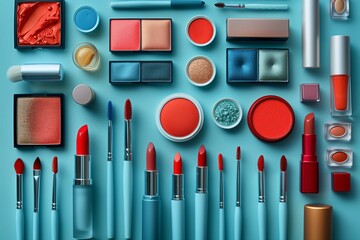 Organized makeup products on a blue backdrop