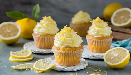 Obraz na płótnie Canvas Lemon zest frosted cupcakes on a table with fresh lemon slices