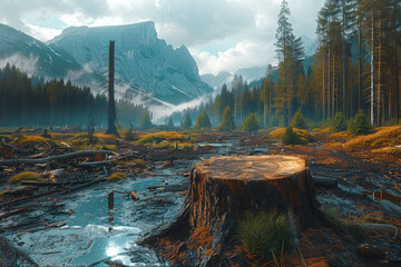 A deforested landscape with barren hillsides and stumps of once towering trees, illustrating the consequences of unchecked logging. Concept of deforestation impact. Generative Ai.