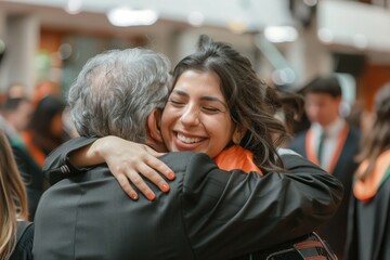 female graduated student hugging her dad on her graduation day, happy and emotional moments