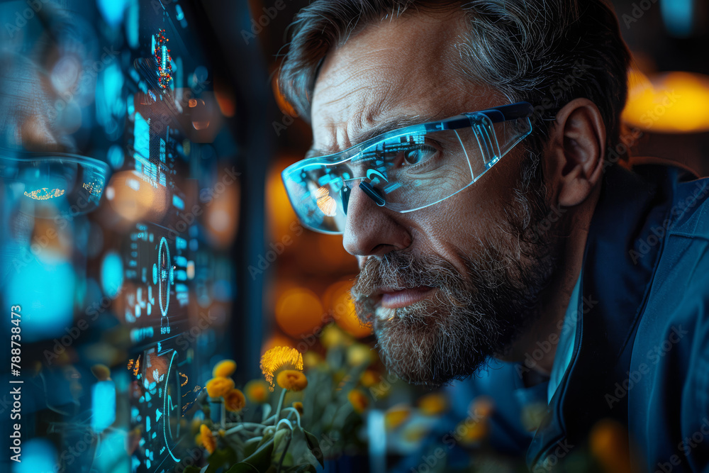 Poster a scientist analyzing data on a computer screen, studying the alarming rate of species extinction an
