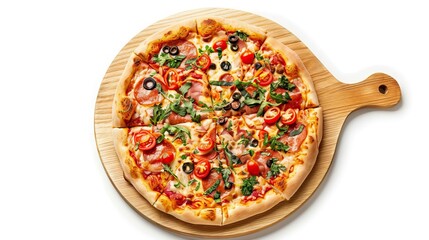 Pizza board with a napkin isolated on white. Top view mock up