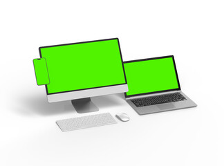 Render of desktop, laptop and smartphone with greenscreen on a light background