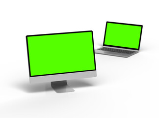 3d render of desktop and laptop with green screen on a light background