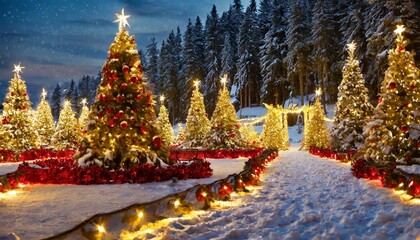 Illuminated christmas trees forest in on a snowy night close to christmas red garlands and g