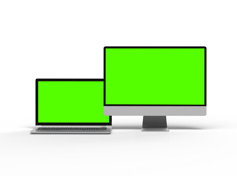 3d render of desktop and laptop with green screen on a light background