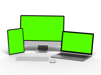 3d render of desktop, laptop and tablet with green screen on a light background