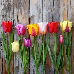 Blooming Tranquility: Beautiful Tulips on Wooden Background