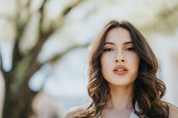 Close-up portrait of a serene young woman with curly hair, softly blurred outdoor background.
