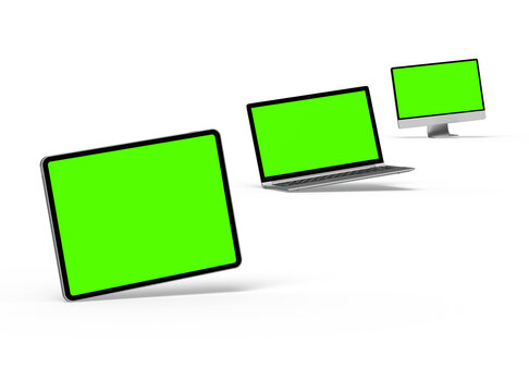 3d render of desktop, laptop and tablet with green screen on a light background