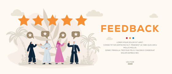 Fototapeta premium Feedback, Arab cartoon people wearing traditional clothes, vector illustration.