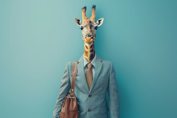 Abstract, creative, minimal portrait of a wild animal dressed up as a man in elegant clothes. A girrafe standing on two legs in business giraffe print suit with schoolbag