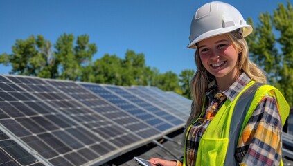 Obraz premium A woman in a helmet and overalls is overseeing a solar panel's functionality