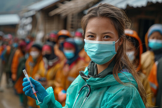 A healthcare worker administering vaccines in a remote village, combating preventable diseases and promoting public health. Concept of global health initiatives. Generative Ai.